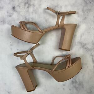 Schutz Kelsie Tan Strappy Leather Platform Sandals Block Heel Sz 9